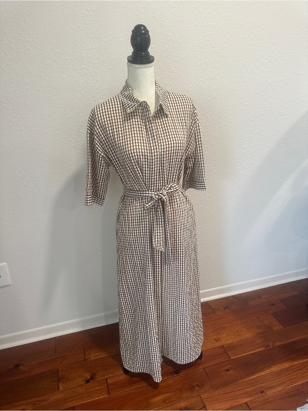 Neutral Gingham Tie-Waist Shirt Dress - Picture 2 of 5
